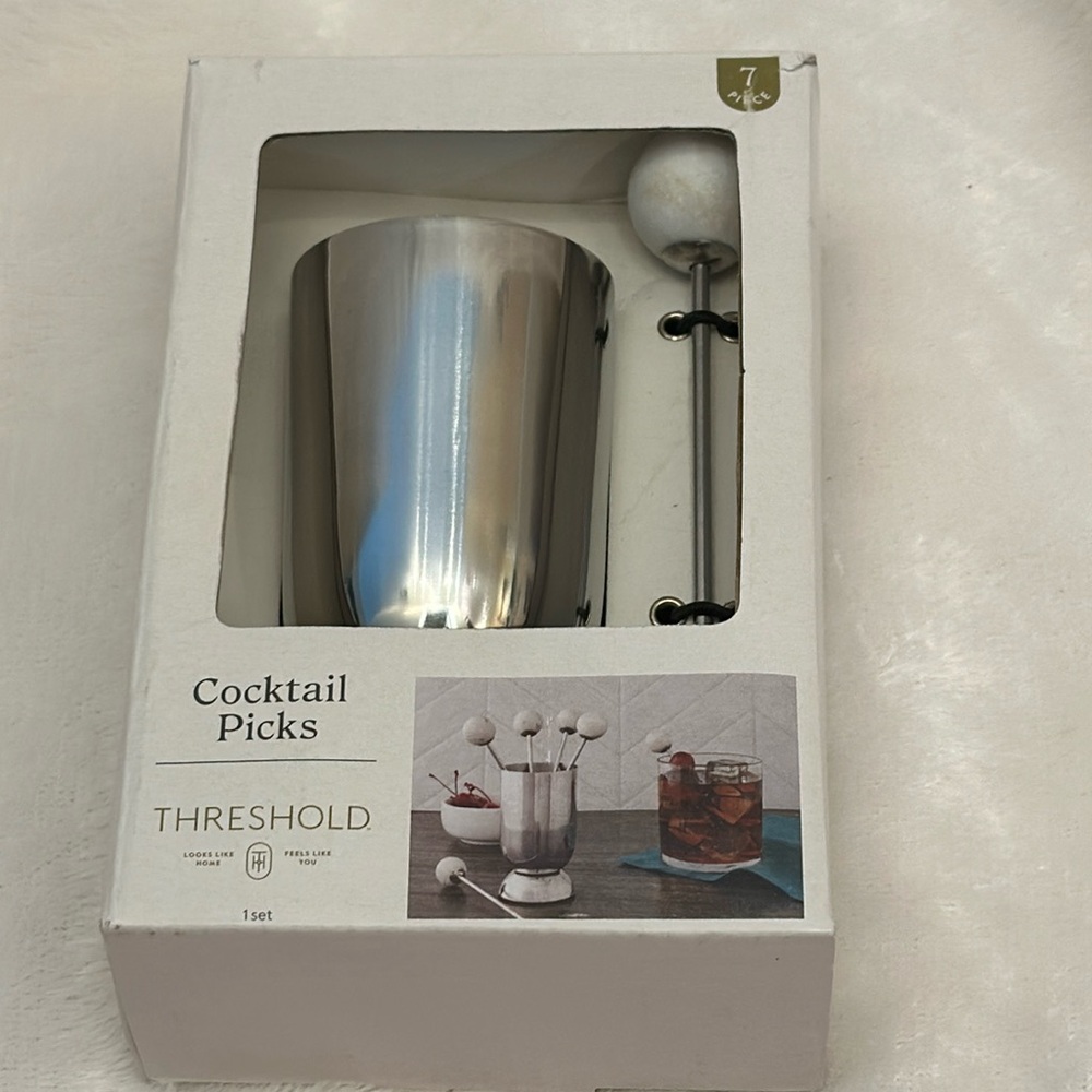 Cocktail Picks with Holder Silver Threshold Modern Barware  7pc Stainless Steel
